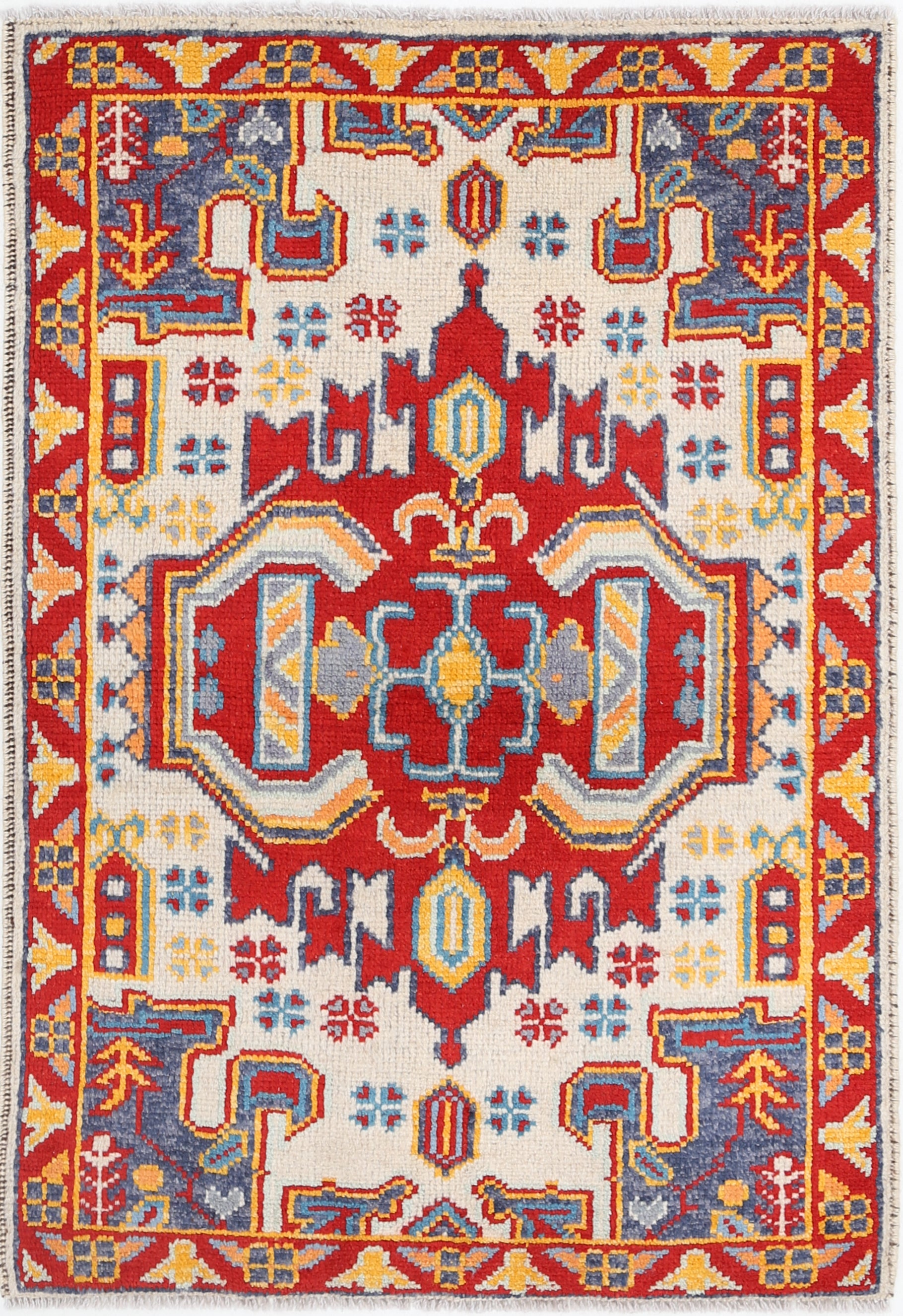 Ivory Hand-Knotted Tribal Geometric Wool Rug - 2'7" x 3'10"