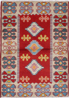 Red Hand-Knotted Tribal Geometric Wool Rug - 3'3" x 4'10"
