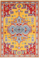 Gold Hand-Knotted Tribal Geometric Wool Rug - 4'1" x 5'11"