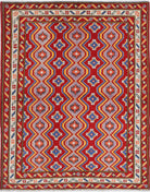 Red Hand-Knotted Tribal Geometric Wool Rug - 5'0" x 6'8"
