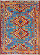 Teal Hand-Knotted Tribal Geometric Wool Rug - 5'0" x 6'8"
