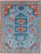 Blue Hand-Knotted Tribal Geometric Wool Rug - 4'10" x 6'5"