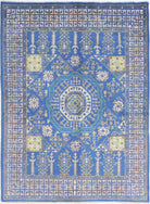 Blue Hand-Knotted Tribal Geometric Wool Rug - 4'10" x 6'7"