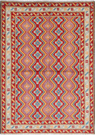 Red Hand-Knotted Tribal Geometric Wool Rug - 4'9" x 6'9"