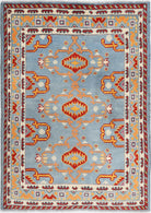 Grey Hand-Knotted Tribal Geometric Wool Rug - 3'6" x 4'11"