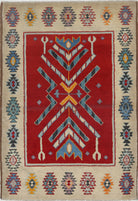 Red Hand-Knotted Tribal Geometric Wool Rug - 3'5" x 4'11"