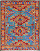 Teal Hand-Knotted Tribal Geometric Wool Rug - 5'0" x 6'6"