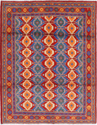 Red Hand-Knotted Tribal Geometric Wool Rug - 4'11" x 6'7"