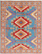 Teal Hand-Knotted Tribal Geometric Wool Rug - 5'0" x 6'7"