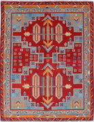 Red Hand-Knotted Tribal Geometric Wool Rug - 5'0" x 6'6"
