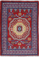 Red Hand-Knotted Tribal Geometric Wool Rug - 2'9" x 4'0"