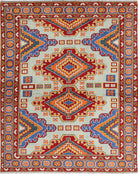 Blue Hand-Knotted Tribal Geometric Wool Rug - 5'0" x 6'6"