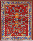 Red Hand-Knotted Tribal Geometric Wool Rug - 5'0" x 6'6"