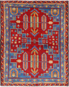 Red Hand-Knotted Tribal Geometric Wool Rug - 5'0" x 6'4"