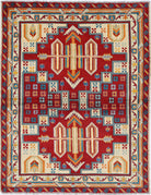 Ivory Hand-Knotted Tribal Geometric Wool Rug - 4'9" x 6'4"