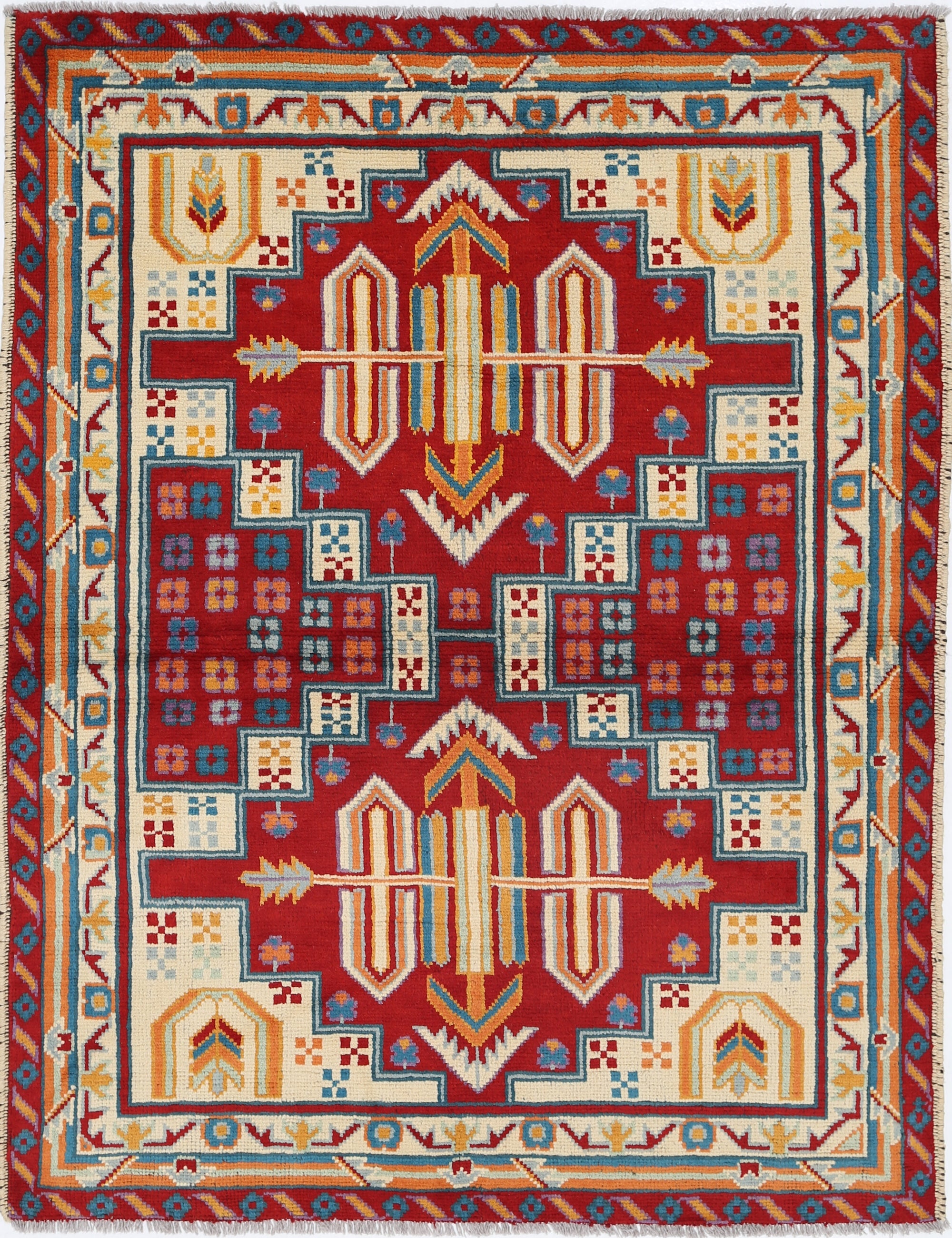 Ivory Hand-Knotted Tribal Geometric Wool Rug - 4'9" x 6'4"