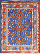 Blue Hand-Knotted Tribal Geometric Wool Rug - 5'0" x 6'7"