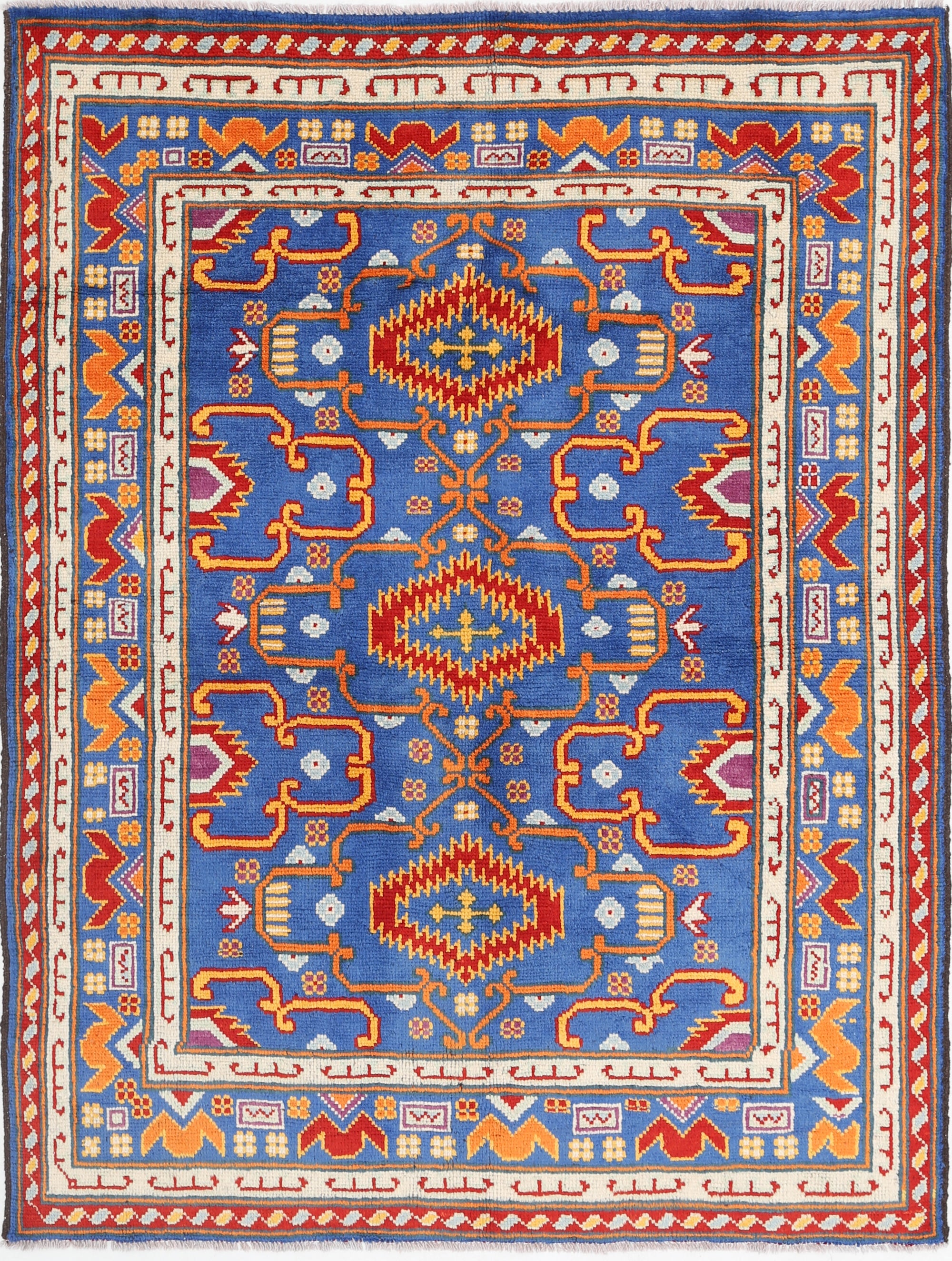 Blue Hand-Knotted Tribal Geometric Wool Rug - 5'0" x 6'7"