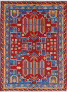 Red Hand-Knotted Tribal Geometric Wool Rug - 4'11" x 6'7"