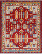 Red Hand-Knotted Tribal Geometric Wool Rug - 5'0" x 6'5"