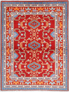 Red Hand-Knotted Tribal Geometric Wool Rug - 4'10" x 6'6"