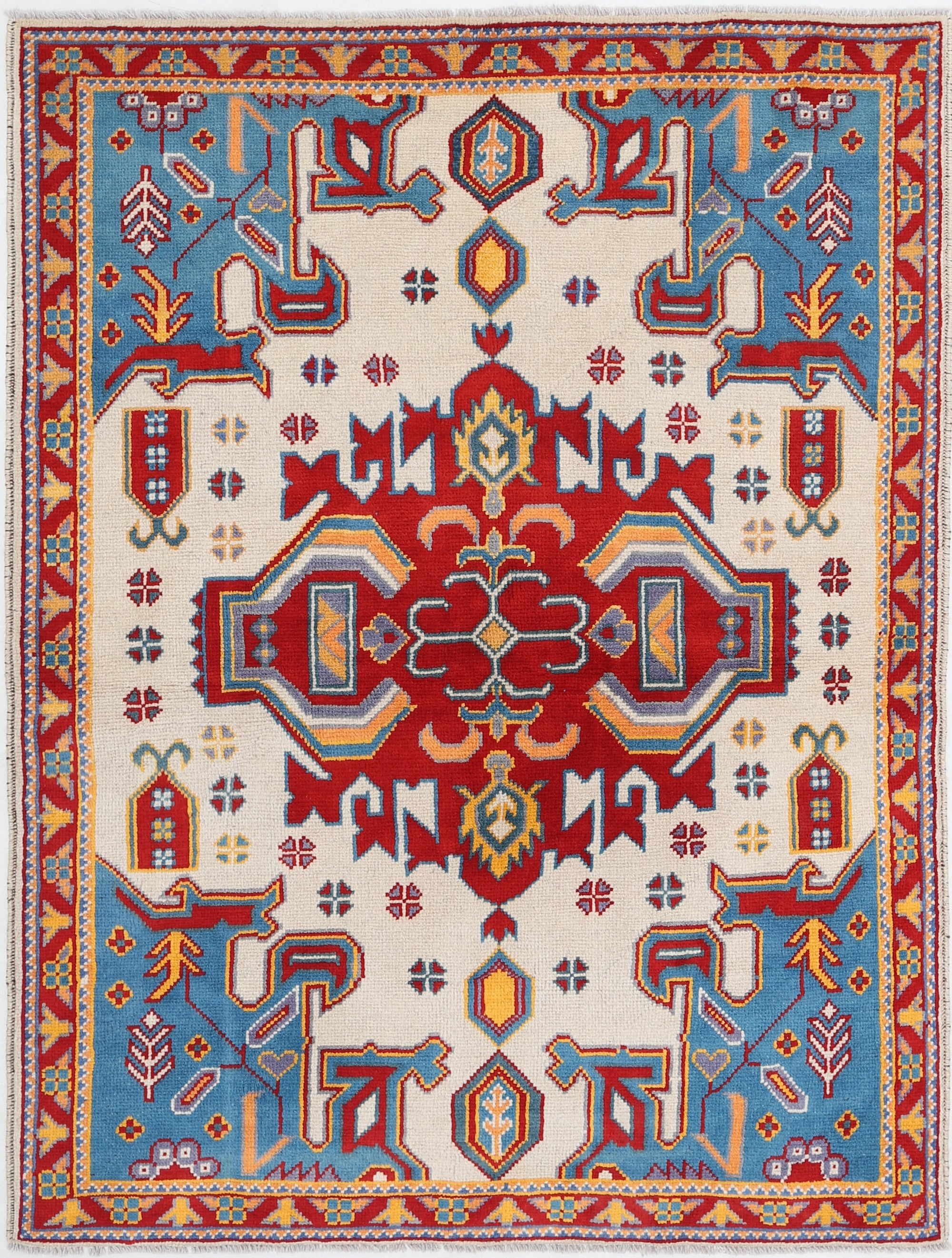 Ivory Hand-Knotted Tribal Geometric Wool Rug - 5'0" x 6'7"