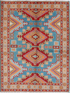 Teal Hand-Knotted Tribal Geometric Wool Rug - 4'11" x 6'8"