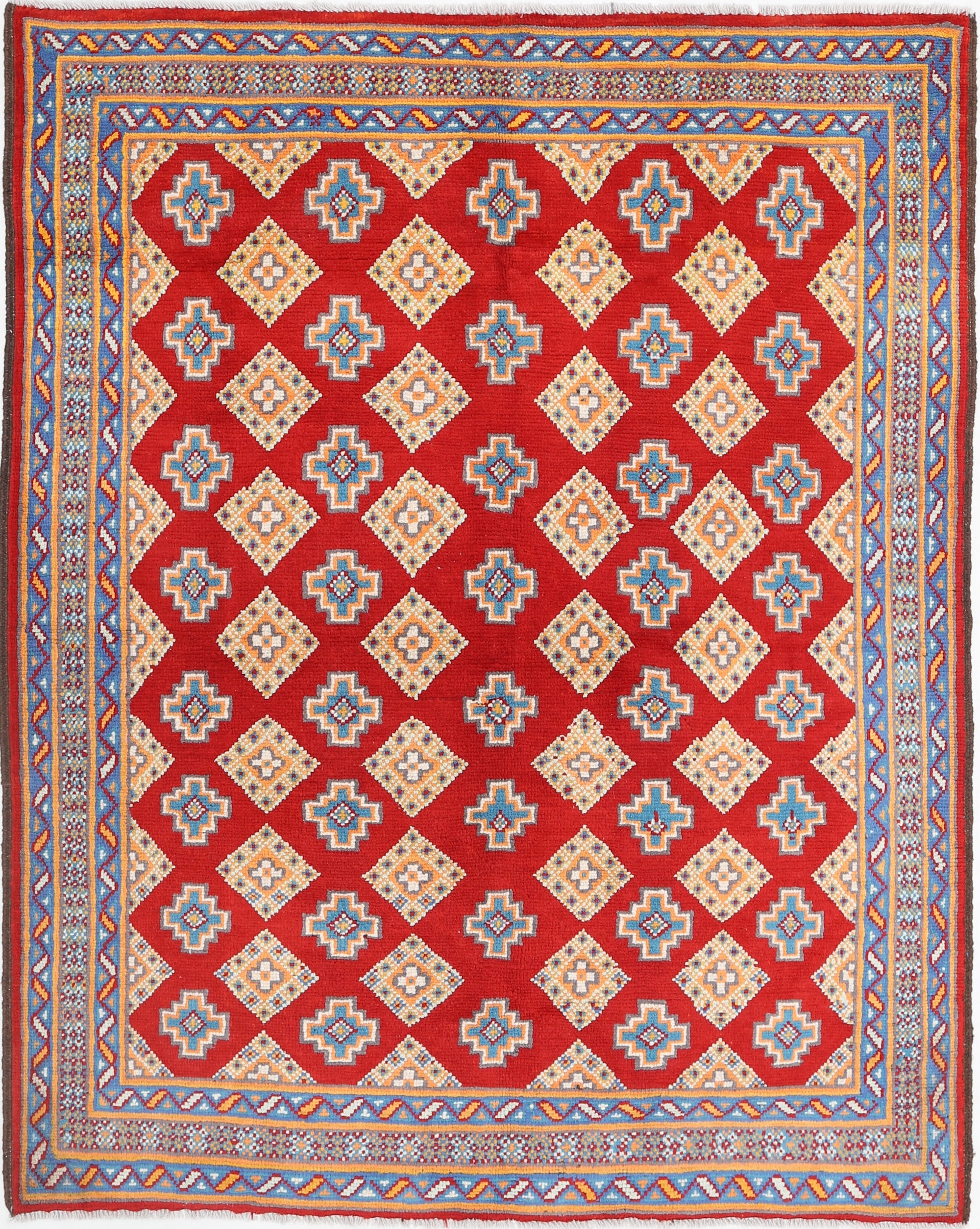 Red Hand-Knotted Tribal Geometric Wool Rug - 5'0" x 6'5"