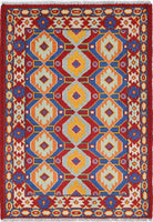 Red Hand-Knotted Tribal Geometric Wool Rug - 2'8" x 3'10"