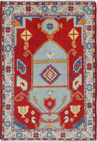 Red Hand-Knotted Tribal Geometric Wool Rug - 2'9" x 4'1"