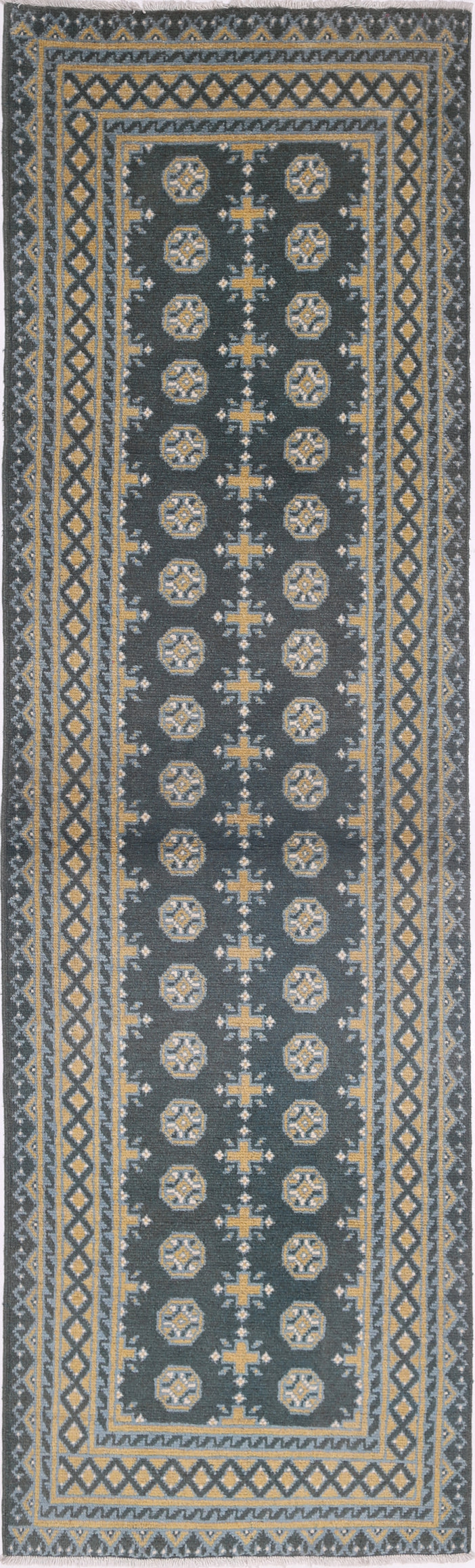 Ivory Hand-Knotted Afghan Tribal Geometric Wool Rug - 2'7" x 9'6"
