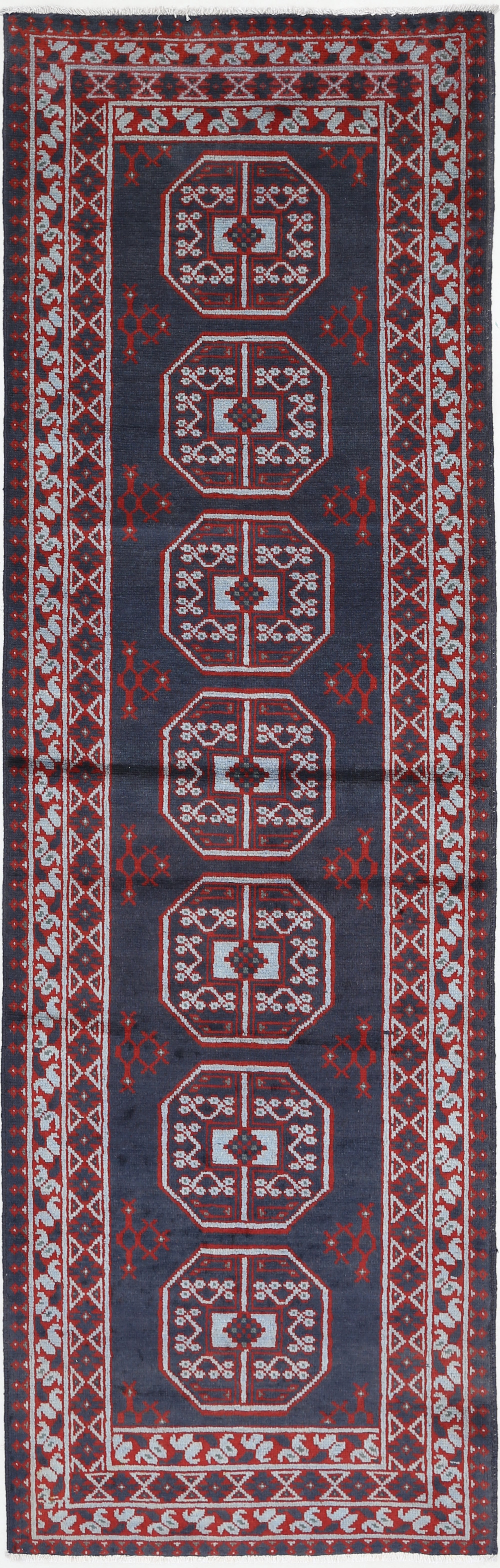 Blue Hand-Knotted Distressed Vintage Wool Rug - 2'8" x 9'5"