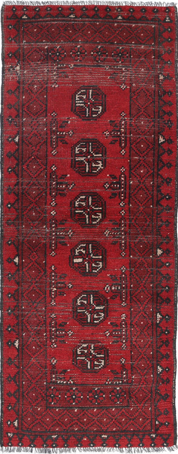 Ivory Hand-Knotted Afghan Tribal Geometric Wool Rug - 1'8" x 4'7"