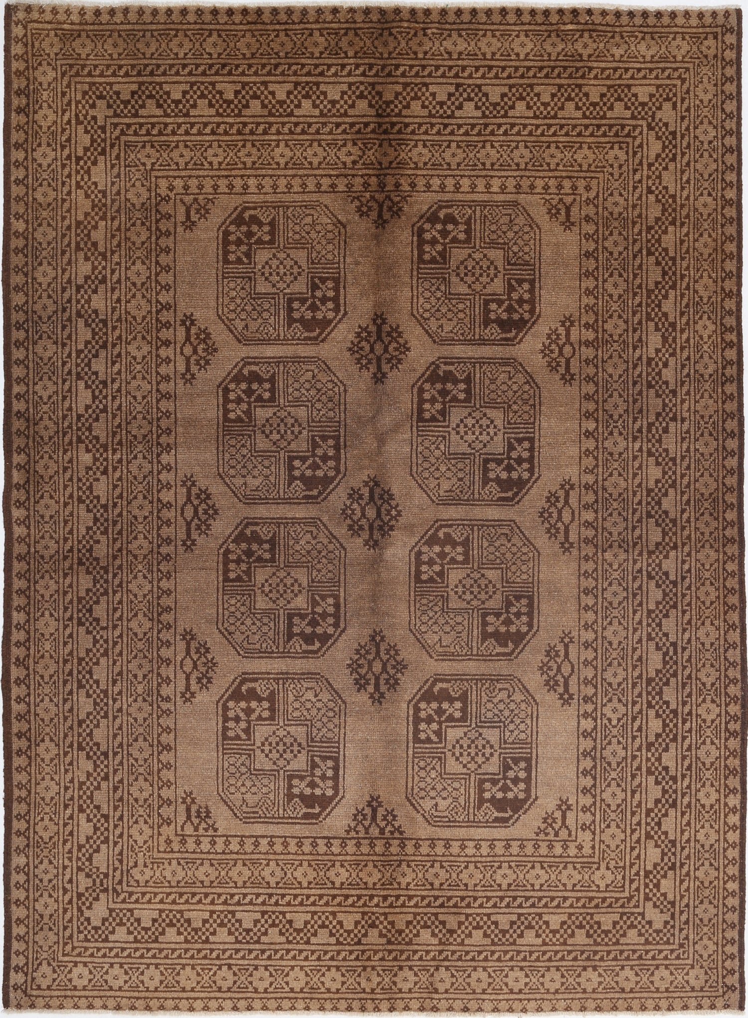 Ivory Hand-Knotted Afghan Tribal Geometric Wool Rug - 5'4" x 7'5"