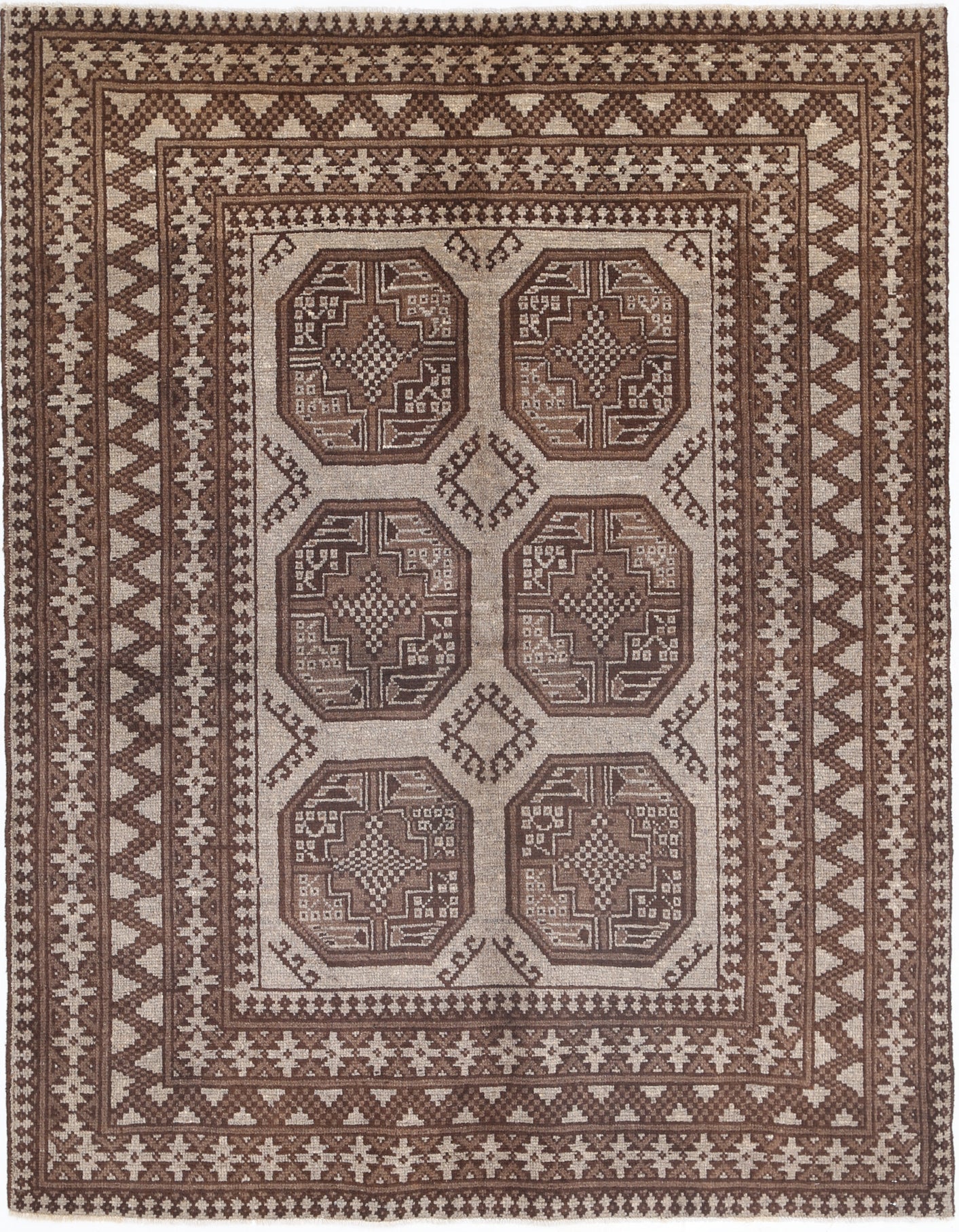 Ivory Hand-Knotted Afghan Tribal Geometric Wool Rug - 5'0" x 6'3"