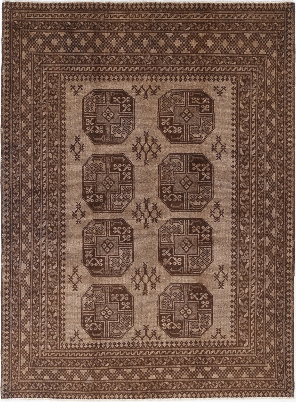 Ivory Hand-Knotted Afghan Tribal Geometric Wool Rug - 5'5" x 7'7"