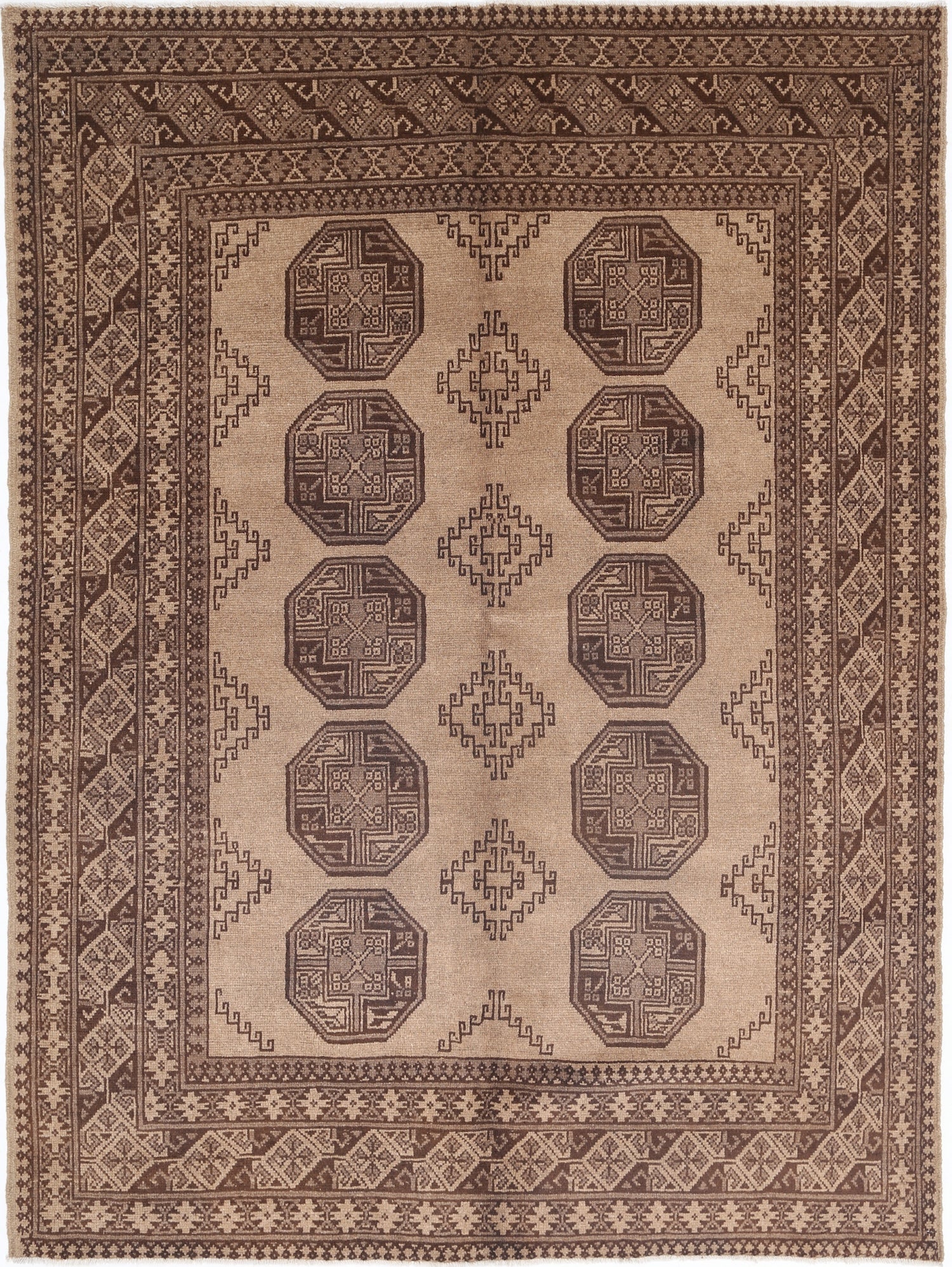 Ivory Hand-Knotted Afghan Tribal Geometric Wool Rug - 5'6" x 7'8"