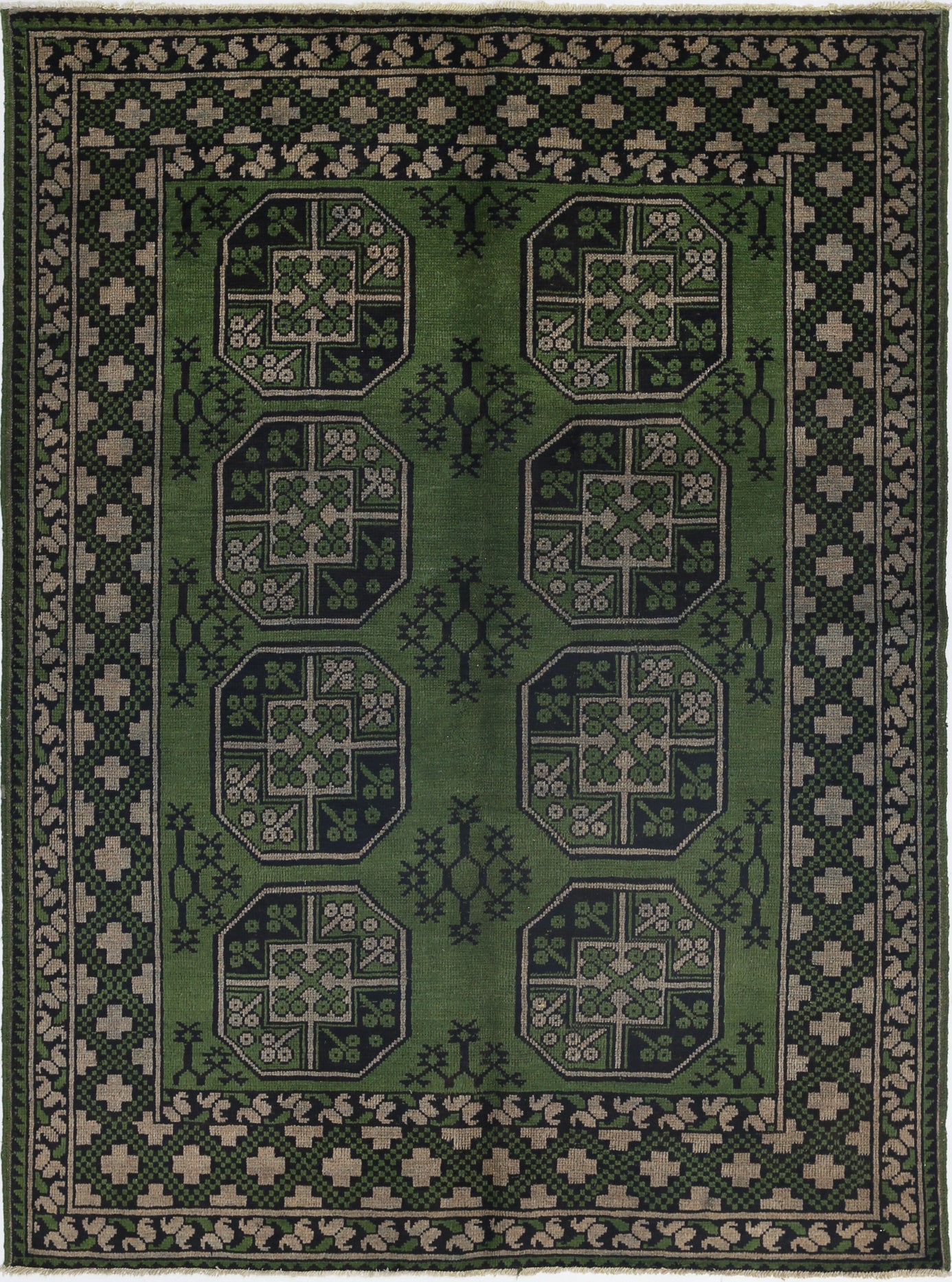 Ivory Hand-Knotted Afghan Tribal Geometric Wool Rug - 4'10" x 6'5"