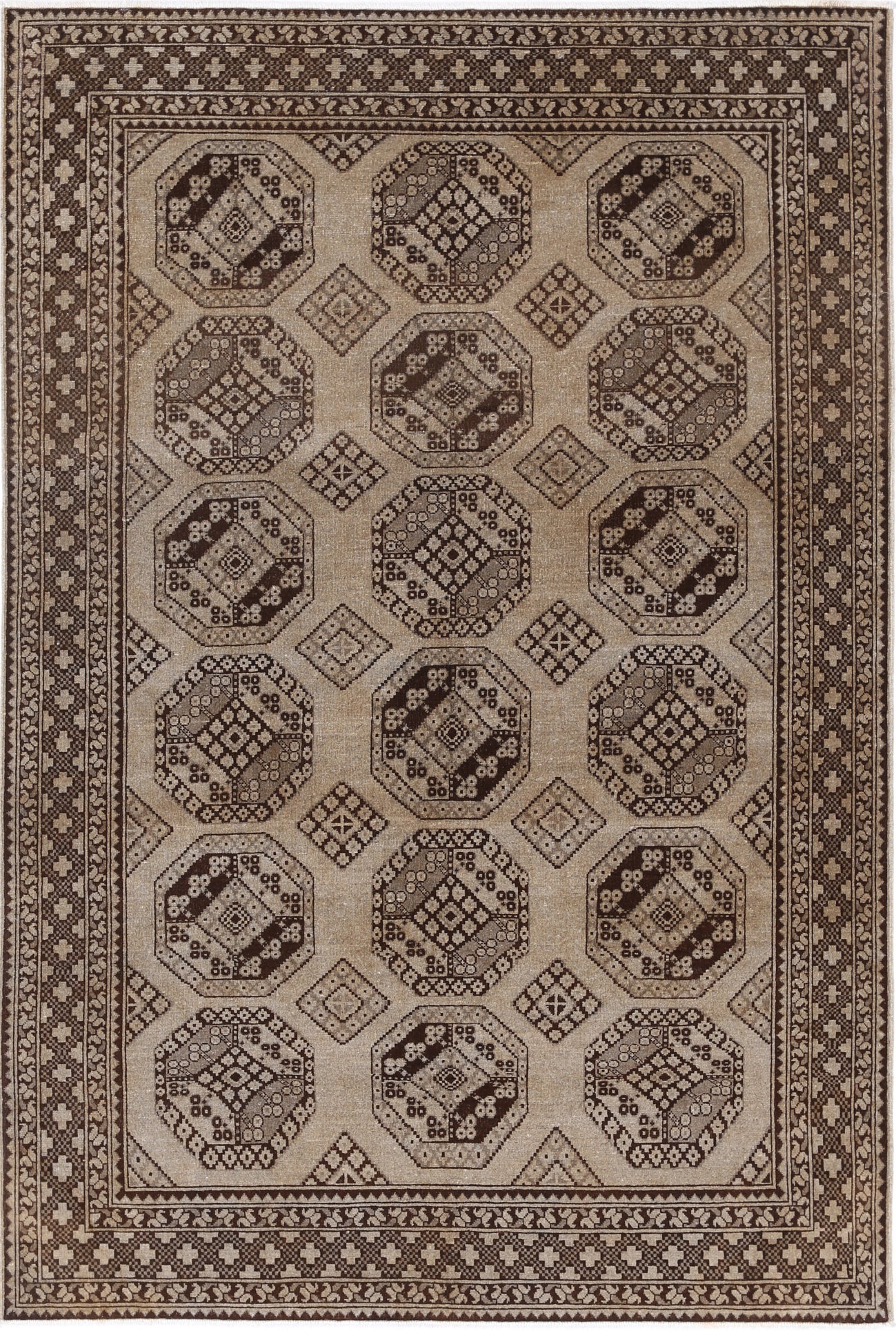 Ivory Hand-Knotted Afghan Tribal Geometric Wool Rug - 6'3" x 9'7"