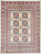 Ivory Hand-Knotted Afghan Tribal Geometric Wool Rug - 4'9" x 6'3"